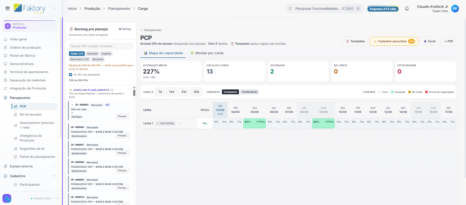 Planejamento de carga do FaktoryFlow: capacidade por linha e por dia
